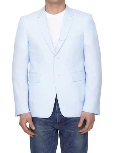 THOM BROWNE MEN'S SINGLE-BREASTED WOOL JACKET IN LIGHT BLUE FOR SS23