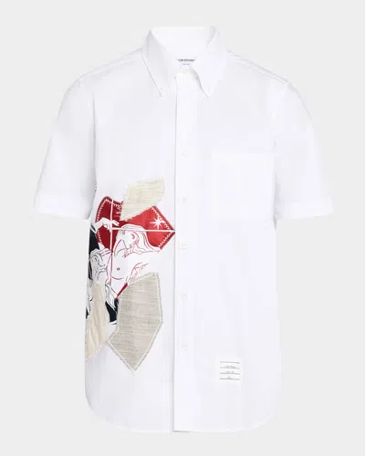Thom Browne Men's Sport Shirt With Frayed Patchwork Detail In White