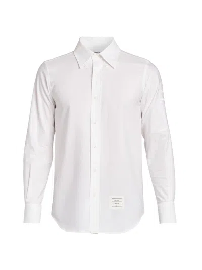 Thom Browne Men's Straight Fit Bd L/s Shirt W/ Satin And Running Stitch Hector Crest In Solid Oxford In White
