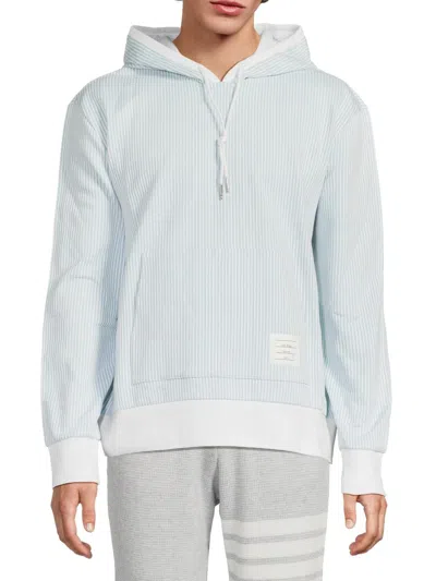 Thom Browne Striped Cotton-seersucker Hoodie In Blue