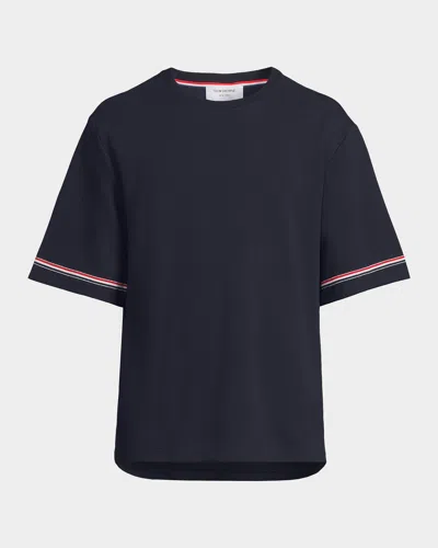 Thom Browne Men's Striped-trim Boxy T-shirt In Black