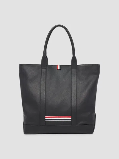 Thom Browne Men's Striped-detail Pebbled Leather Tote Bag In Black