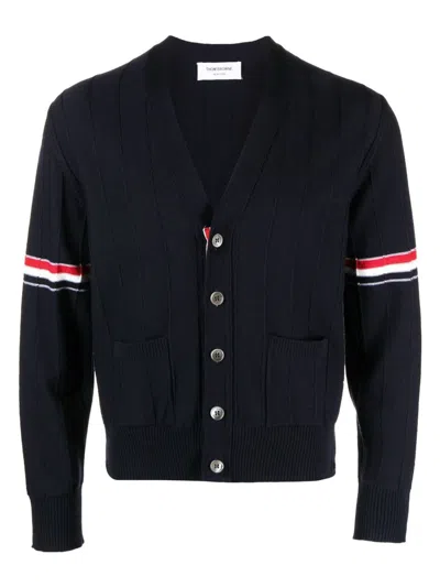 THOM BROWNE MEN'S THOM BROWNE RWB STRIPE V NECK CARDIGAN