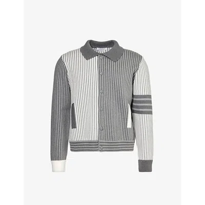 Thom Browne Mens Tonal Grey Welt-pocket Stripe-pattern Cotton-blend Polo Shirt