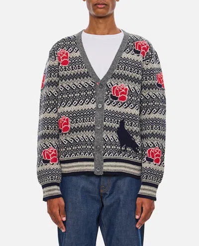 Thom Browne Classic V-neck Cardigan With Rose And Bird Motif In Multi