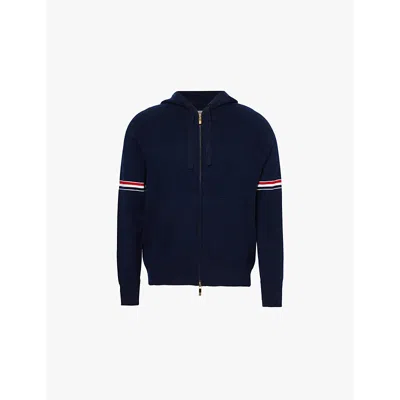 Thom Browne Mens Navy Brand-stripe Zipped Cashmere Knitted Hoody