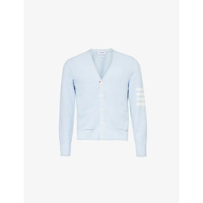 Thom Browne Mens Light Blue Brand-intarsia Linen And Cotton-blend Cardigan