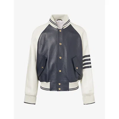 Thom Browne Mens Oversized Contrast-sleeve Leather Jacket Navy In Gray