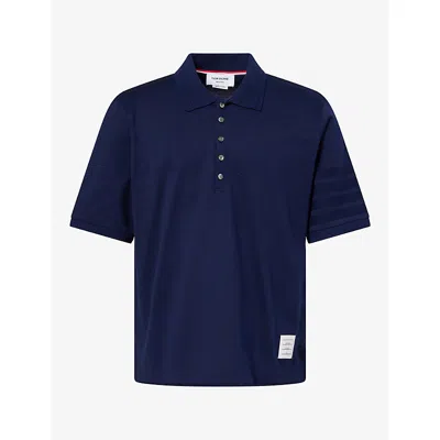 Thom Browne Mens Striped-sleeve Brand-patch Cotton Polo Shirt Navy In Blue