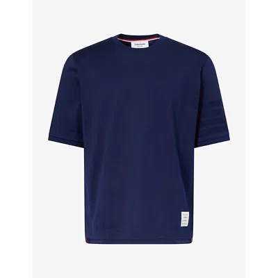 Thom Browne Mens Striped-sleeve Brand-patch Cotton T-shirt Navy In Blue