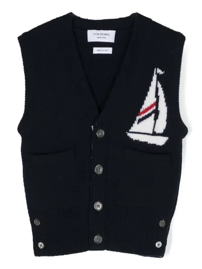 Thom Browne Kids' Merino Button-up Vest In Blue