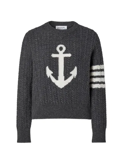 Thom Browne Merino Wool 4-bar Intarsia Anchor Pullover In Gray