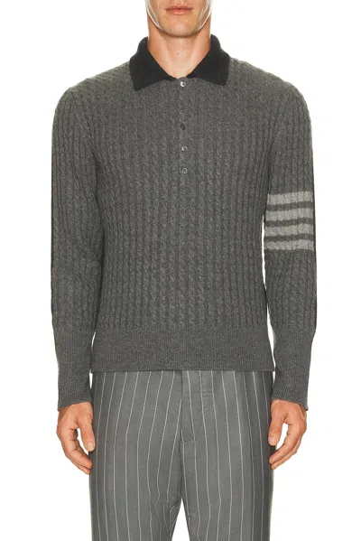 Thom Browne Merino Wool Baby Cable Long Sleeve Polo In Gray