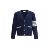 Thom Browne Blue Cardigan With V Neck And Maxi Logo On The Sleeve In White