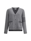 Thom Browne Grey Cardigan With V Neck And Striped Detail On The Sleeve In Wool Man In Gray