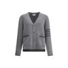 Thom Browne Grey Cardigan With V Neck And Striped Detail On The Sleeve In Wool Man In Gray
