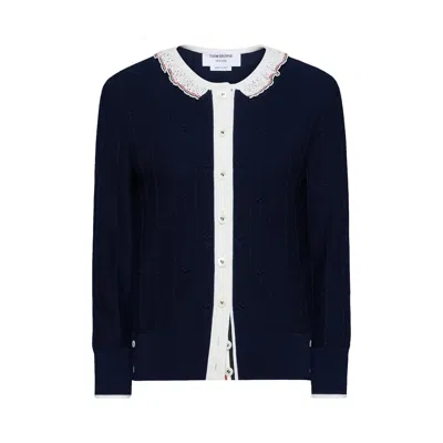 Pre-owned Thom Browne Merino Wool Crewneck Cardigan 'navy' | Blue | Women's Size 40