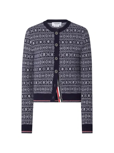 Thom Browne Merino Wool Jacquard Snowflake Cardigan In Blue