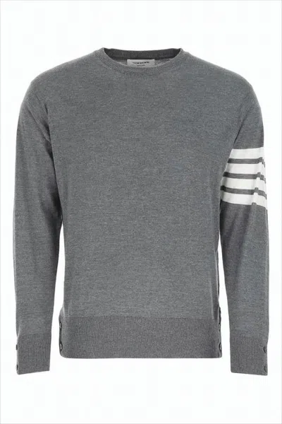 Thom Browne Merino Wool Knit Sweater With Signature Stripe Detail In Gray