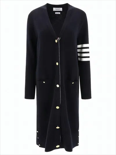 Thom Browne Merino Wool Long Cardigan With Deep V-neckline And Gold-tone Buttons In Black