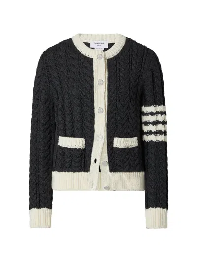 Thom Browne Merino-wool 4-bar Aran-cable Cardigan In Gray
