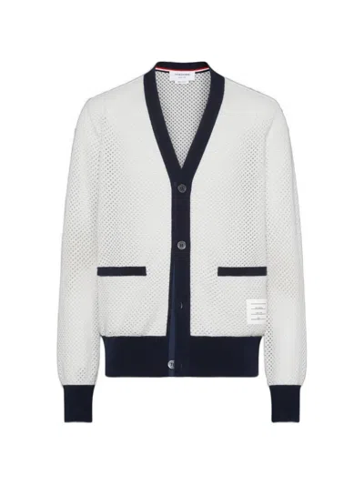Thom Browne V Neck Cardigan With Contrast Trim In White