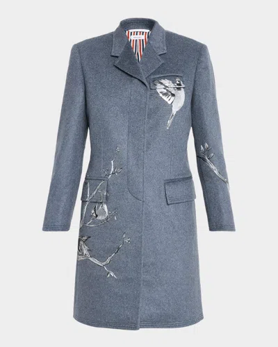 Thom Browne Metallic Embroidered Single-breasted Cashmere Overcoat In Blue