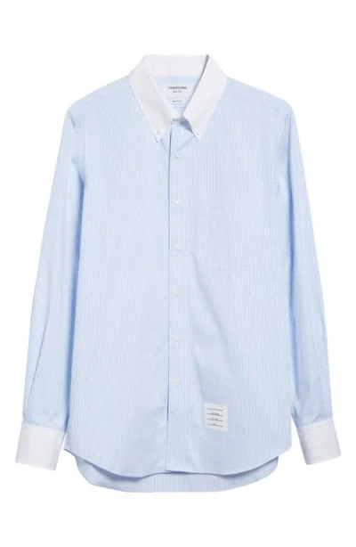 Thom Browne Micro University Stripe Straight Fit Cotton Poplin Button-down Shirt In Blue