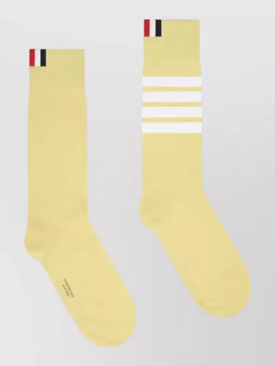 Thom Browne Mid Calf Cotton Socks Stripe Detail In Yellow