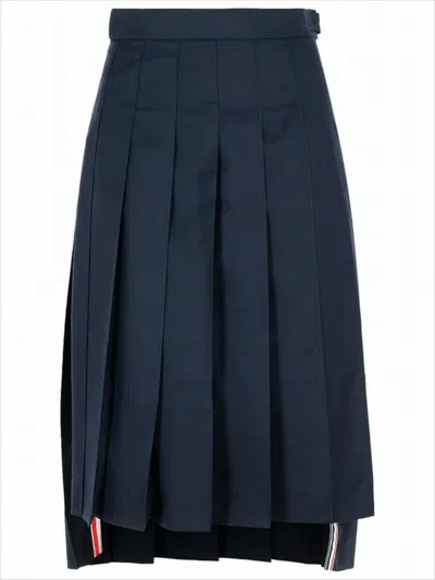 Thom Browne Midi Pleated Skirt With Structured Waistband And Tricolor Accents In Multi