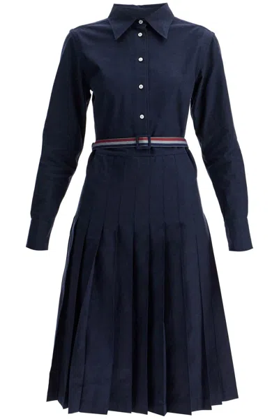 Thom Browne Elegant Midi Shirt Dress With Pleated Skirt And Tri-color Belt In Blue