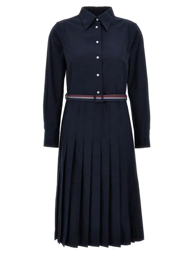 Thom Browne Midi Shirt Dress With Belt In Navy