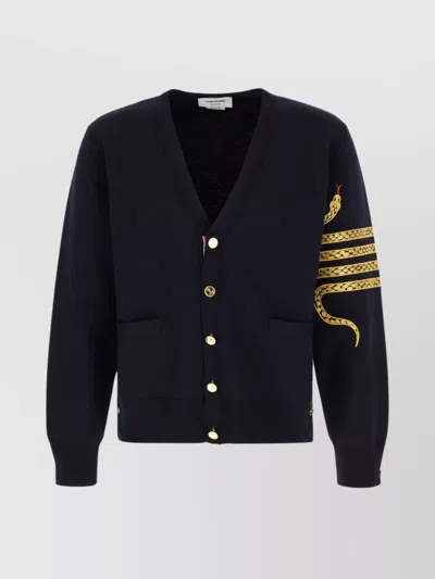 Thom Browne Midnight Wool V-neck Cardigan With Embroidered Detail In Blue