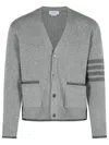 Thom Browne Grey Cardigan With V Neck And Striped Detail On The Sleeve In Wool Man In Gray