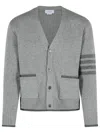 Thom Browne Grey Cardigan With V Neck And Striped Detail On The Sleeve In Wool Man In Gray