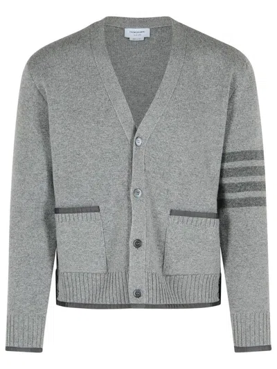 THOM BROWNE THOM BROWNE 'MILAN 4-BAR' GREY VIRGIN WOOL CARDIGAN