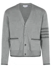 Thom Browne Grey Cardigan With V Neck And Striped Detail On The Sleeve In Wool Man