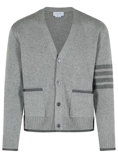 THOM BROWNE THOM BROWNE 'MILANO 4 BAR' GREY VIRGIN WOOL CARDIGAN