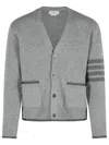 Thom Browne Grey Cardigan With V Neck And Striped Detail On The Sleeve In Wool Man In Gray