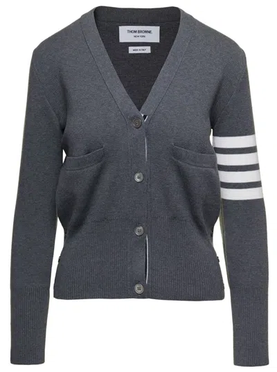 Thom Browne Stripe Detail Cotton Cardigan In Grey