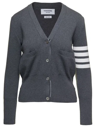 THOM BROWNE MILANO CARDIGAN WITH SIGNATURE 4-BAR MOTIF IN GREY COTTON WOMAN