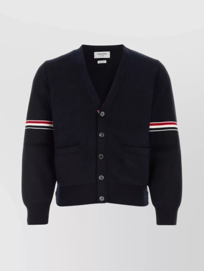 THOM BROWNE MILANO STITCH CARDIGAN WITH V-NECK AND EMBROIDERED SLEEVES