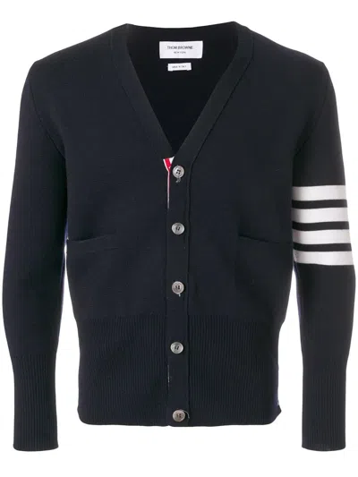 Thom Browne Milano Stitch V Neck Cardigan With 4 Bar In Fine Merino Wool Clothing In Blue