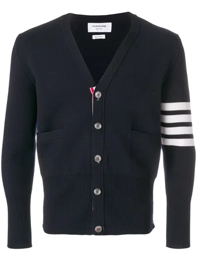 Thom Browne Milano Stitch V Neck Cardigan With 4 Bar In Fine Merino Wool In Blue