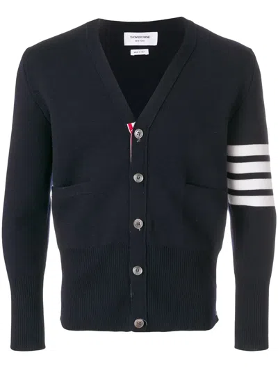 Thom Browne Milano Stitch V Neck Cardigan With 4 Bar In Fine Merino Wool In Black