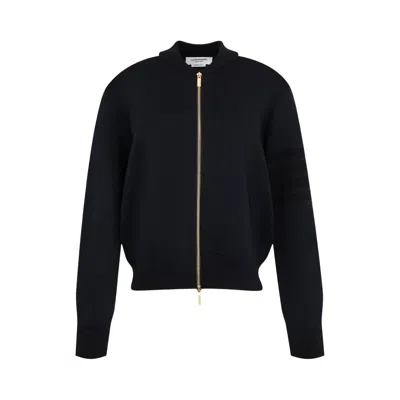 Pre-owned Thom Browne Milano Stitch Zip Up Bomber Jacket In Merino And Linen W/ Ottoman Stitch 4 Bar Stripe 'n In Blue