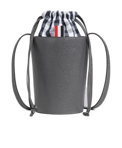 Thom Browne Mini Drawstring-top Leather Bucket Bag In Gray
