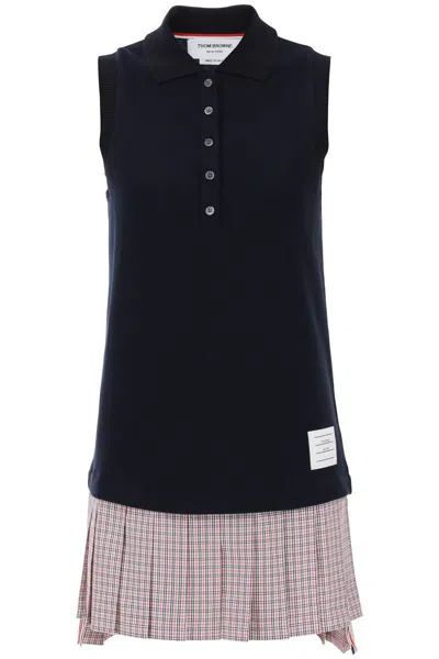 Thom Browne Mini Polo-style Dress With Pleated Bottom. Women In Blue