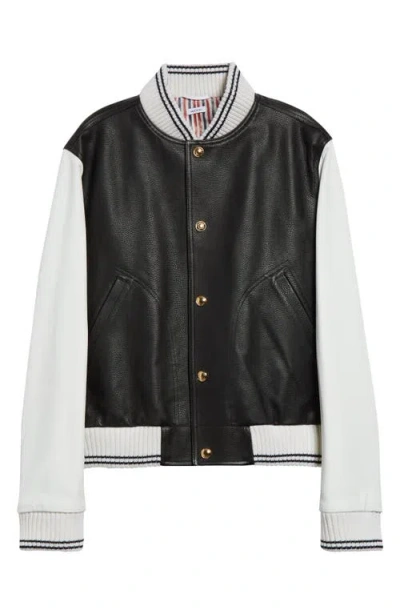 Thom Browne Mixed Media Leather & Wool Bomber Jacket In Black