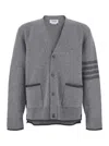 Thom Browne Grey Cardigan With V Neck And Striped Detail On The Sleeve In Wool Man In Gray